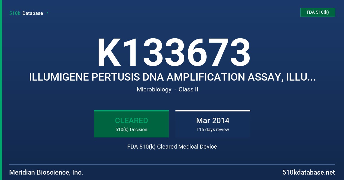 K133673 ILLUMIGENE PERTUSIS DNA AMPLIFICATION ASSAY, ILLUMIGENE PERTUSSIS EXTERNAL CONTROL KIT, ILLUMIPRO-10 AUTOMATED ISOTHERMA FDA 510(k) Cleared Medical Device