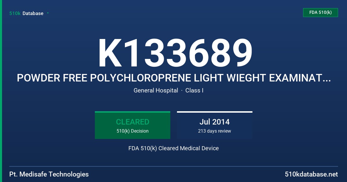 K133689 POWDER FREE POLYCHLOROPRENE LIGHT WIEGHT EXAMINATIONGLOVES- GREEN,BLUE AND PINK FDA 510(k) Cleared Medical Device