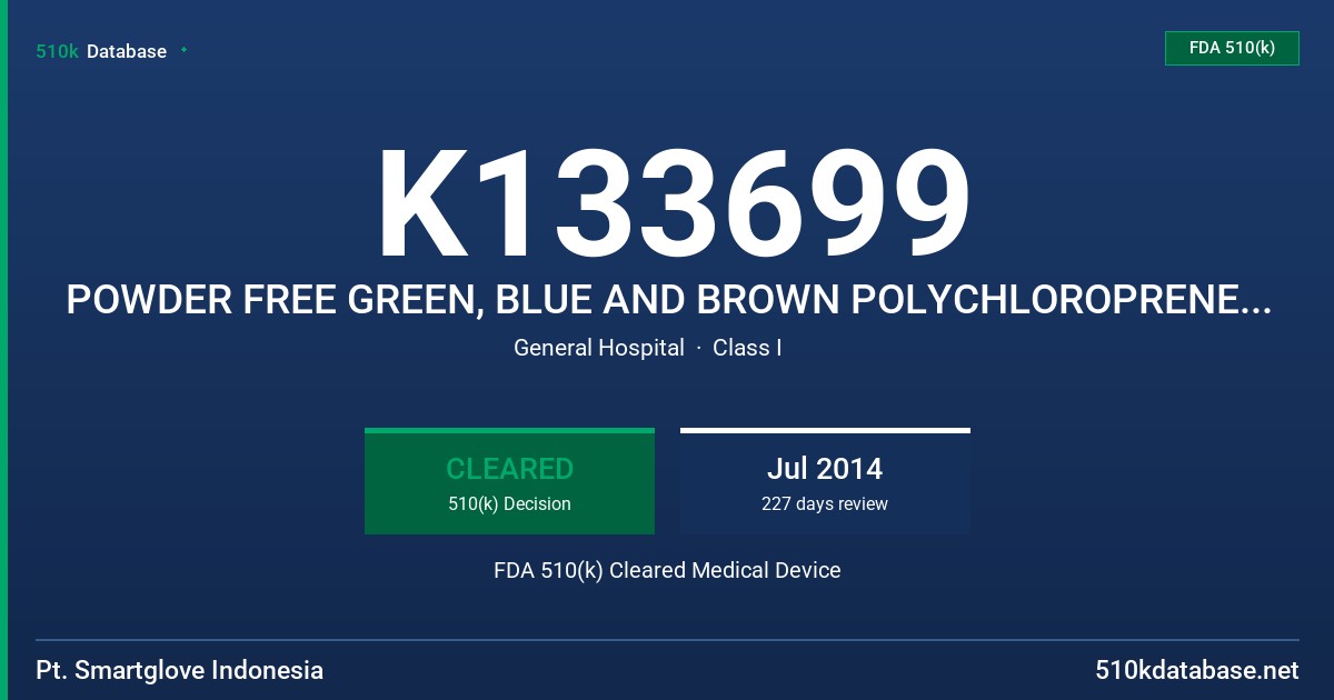 K133699 POWDER FREE GREEN, BLUE AND BROWN POLYCHLOROPRENE EXAMINATION GLOVES FDA 510(k) Cleared Medical Device