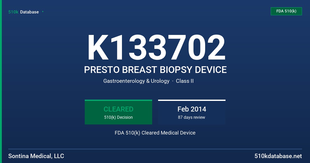 K133702 PRESTO BREAST BIOPSY DEVICE FDA 510(k) Cleared Medical Device