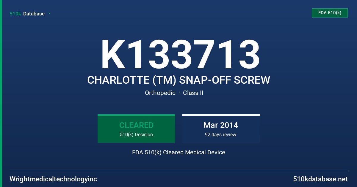 K133713 CHARLOTTE (TM) SNAP-OFF SCREW FDA 510(k) Cleared Medical Device