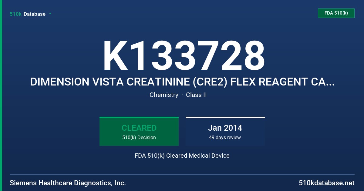 K133728 DIMENSION VISTA CREATININE (CRE2) FLEX REAGENT CARTRIDGE FDA 510(k) Cleared Medical Device
