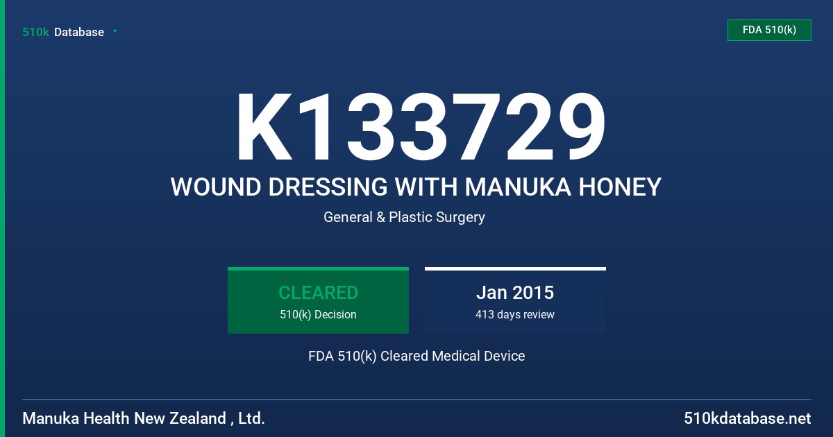 K133729 WOUND DRESSING WITH MANUKA HONEY FDA 510(k) Cleared Medical Device