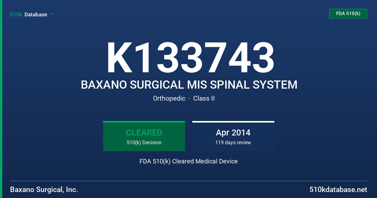 K133743 BAXANO SURGICAL MIS SPINAL SYSTEM FDA 510(k) Cleared Medical Device
