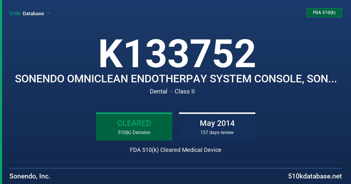 K133752 SONENDO OMNICLEAN ENDOTHERPAY SYSTEM CONSOLE, SONENDO OMNICLEAN MOLAR PROCEDURE KIT FDA 510(k) Cleared Medical Device