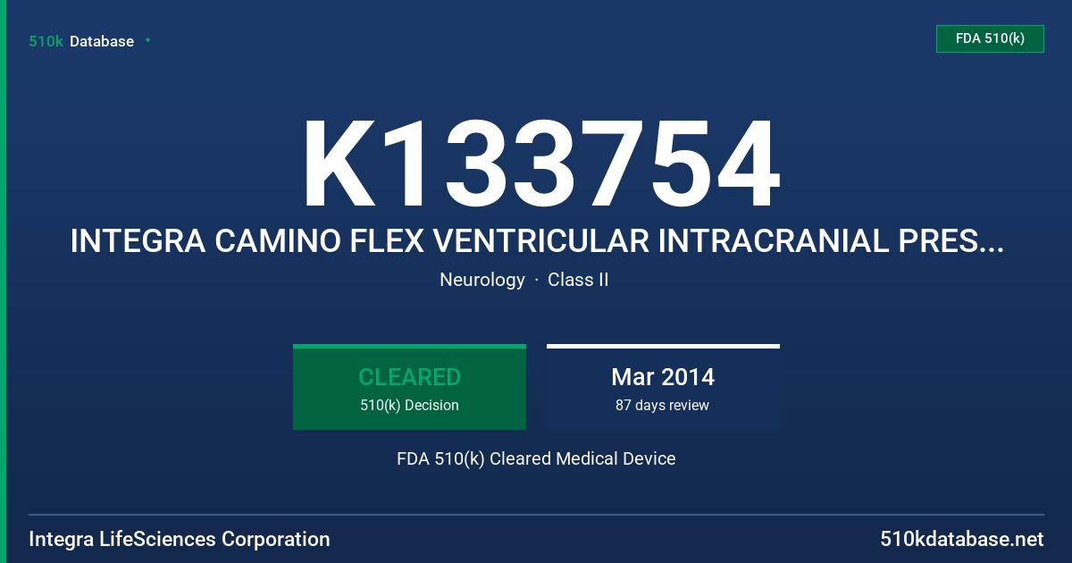K133754 INTEGRA CAMINO FLEX VENTRICULAR INTRACRANIAL PRESSURE MONITORING KIT WITH FLEX ADAPTER FDA 510(k) Cleared Medical Device