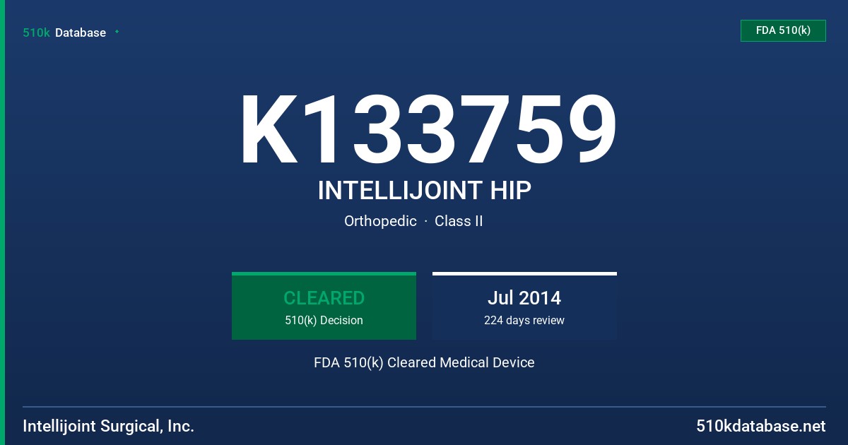 K133759 INTELLIJOINT HIP FDA 510(k) Cleared Medical Device