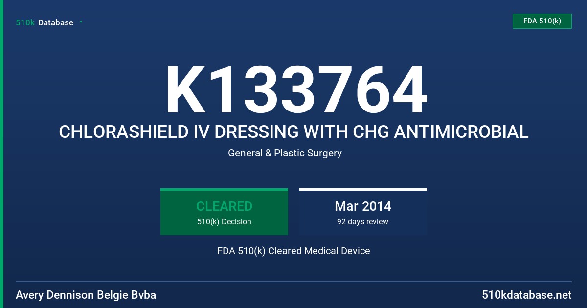 K133764 CHLORASHIELD IV DRESSING WITH CHG ANTIMICROBIAL FDA 510(k) Cleared Medical Device