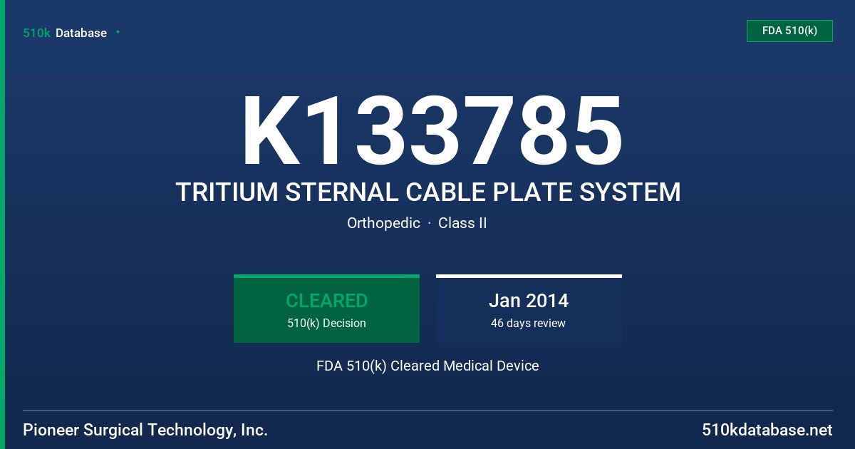 K133785 TRITIUM STERNAL CABLE PLATE SYSTEM FDA 510(k) Cleared Medical Device