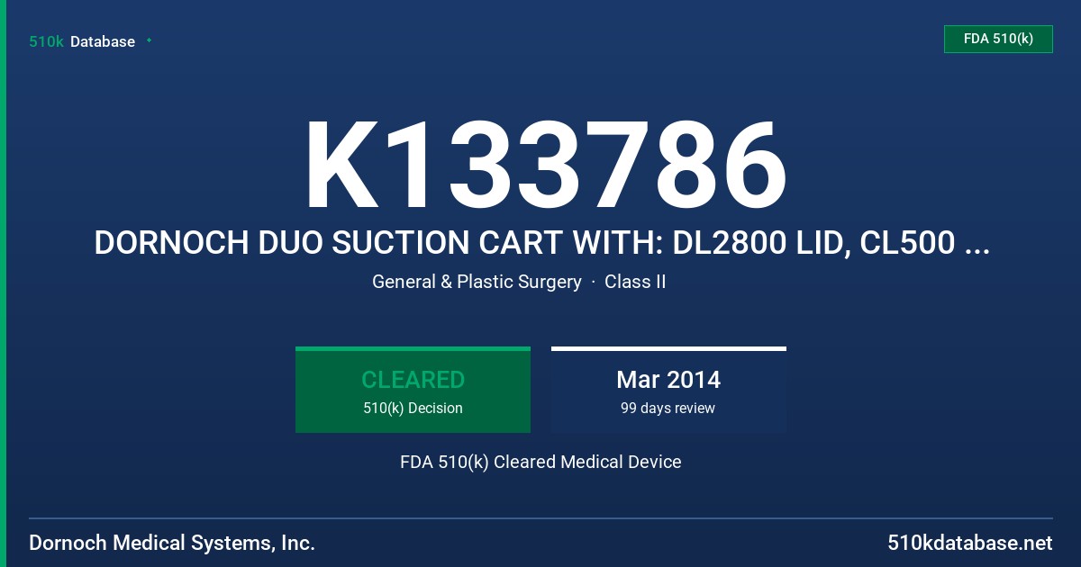 K133786 DORNOCH DUO SUCTION CART WITH: DL2800 LID, CL500 LID, DORNOCH QUAD SUCTION CART WITH: DL2800 LID, CL500 LID FDA 510(k) Cleared Medical Device