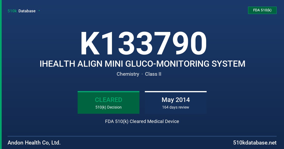K133790 IHEALTH ALIGN MINI GLUCO-MONITORING SYSTEM FDA 510(k) Cleared Medical Device