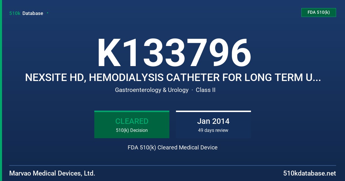 K133796 NEXSITE HD, HEMODIALYSIS CATHETER FOR LONG TERM USE (32CM), NEXSITE HD, HEMODIALYSIS CATHETER FOR LONG TERM USE (36CM), FDA 510(k) Cleared Medical Device
