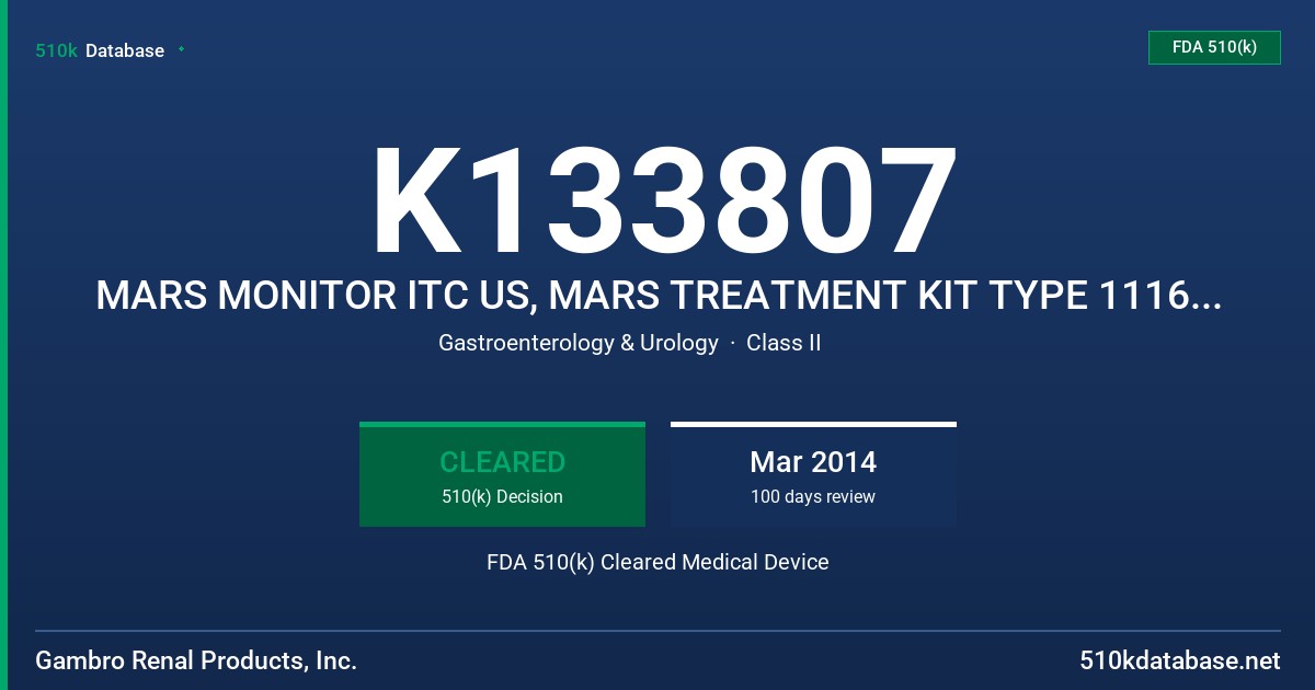 K133807 MARS MONITOR ITC US, MARS TREATMENT KIT TYPE 1116/1 - X-MARS US, PRISMAFLEX CONTROL UNIT FDA 510(k) Cleared Medical Device