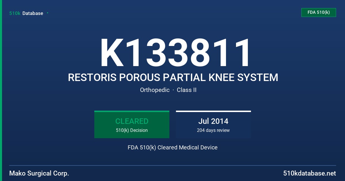 K133811 RESTORIS POROUS PARTIAL KNEE SYSTEM FDA 510(k) Cleared Medical Device