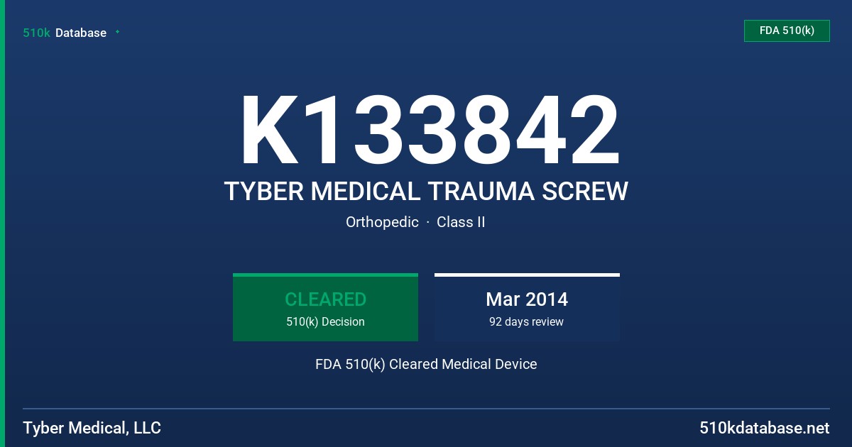 K133842 TYBER MEDICAL TRAUMA SCREW FDA 510(k) Cleared Medical Device