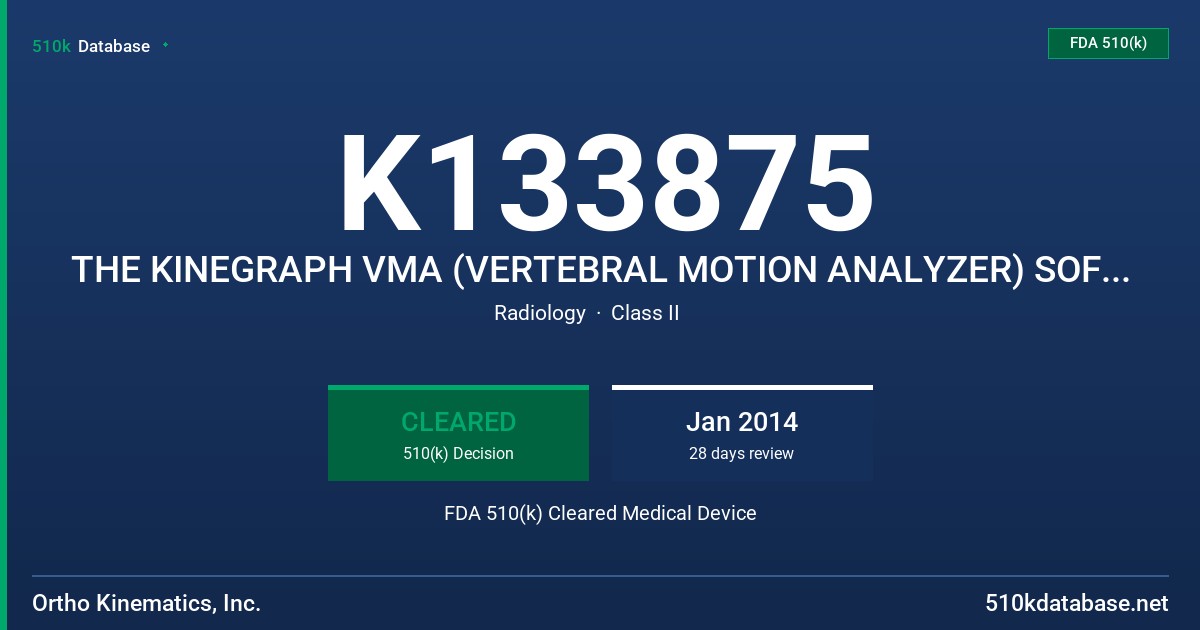 K133875 THE KINEGRAPH VMA (VERTEBRAL MOTION ANALYZER) SOFTWARE VERSION 2.2, THE MOTION NORMALIZER PATIENT HANDLING AND DATA FDA 510(k) Cleared Medical Device