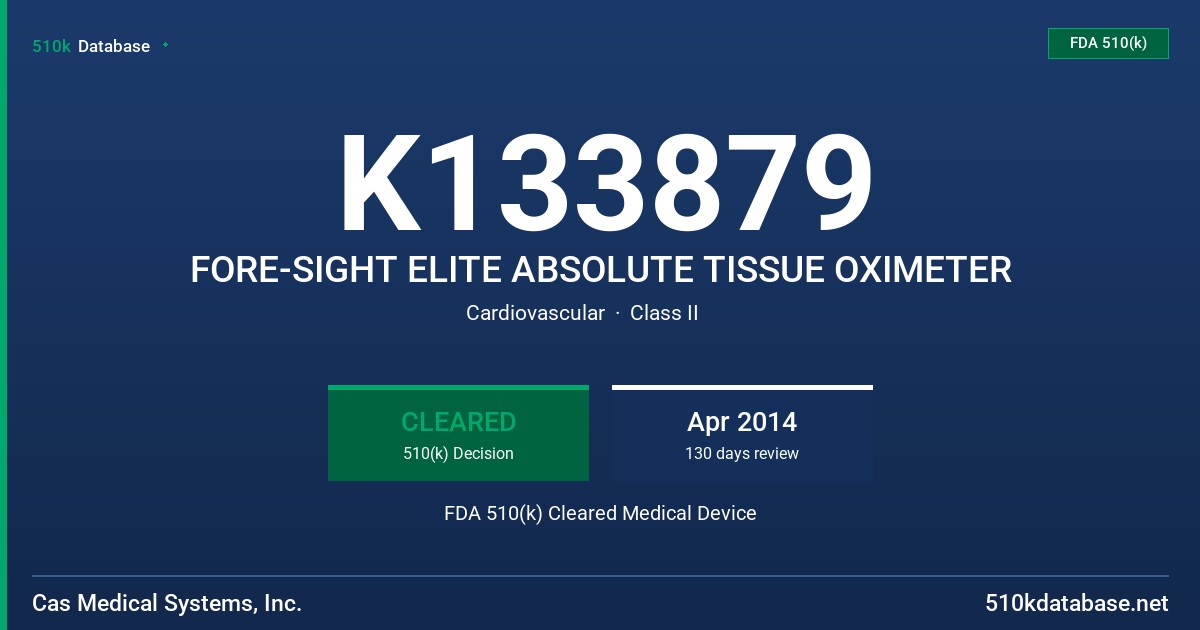K133879 FORE-SIGHT ELITE ABSOLUTE TISSUE OXIMETER FDA 510(k) Cleared Medical Device