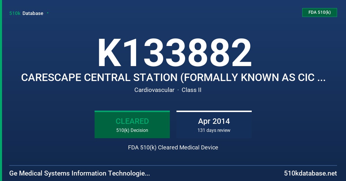 K133882 CARESCAPE CENTRAL STATION (FORMALLY KNOWN AS CIC PRO) FDA 510(k) Cleared Medical Device