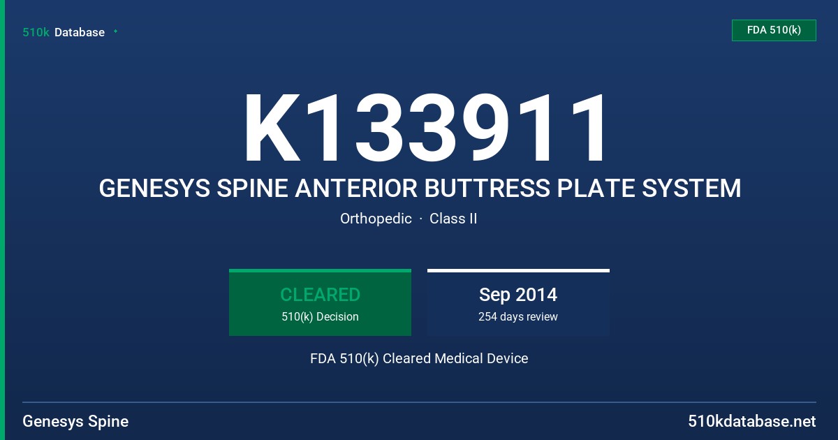 K133911 GENESYS SPINE ANTERIOR BUTTRESS PLATE SYSTEM FDA 510(k) Cleared Medical Device