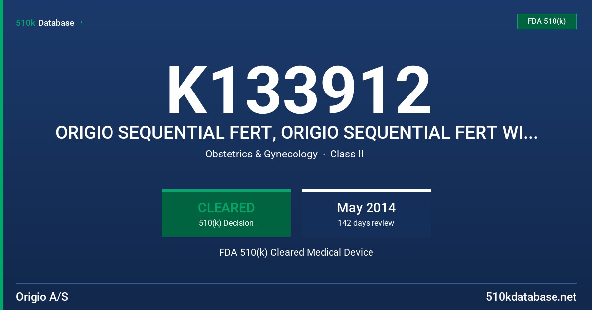 K133912 ORIGIO SEQUENTIAL FERT, ORIGIO SEQUENTIAL FERT WITH PHENOL RED, ORIGIO SEQUENTIAL CLEAV, ORIGIO SEQUENTIAL CLEAV, ORIGIO FDA 510(k) Cleared Medical Device