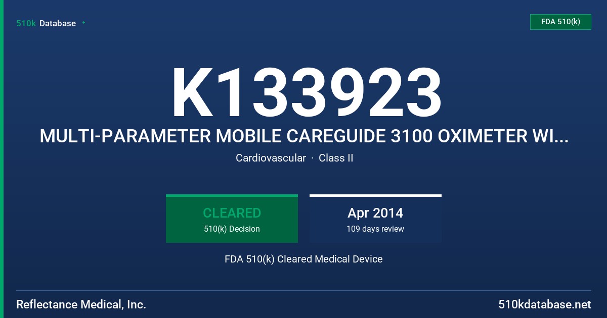 K133923 MULTI-PARAMETER MOBILE CAREGUIDE 3100 OXIMETER WITH TABLET FDA 510(k) Cleared Medical Device