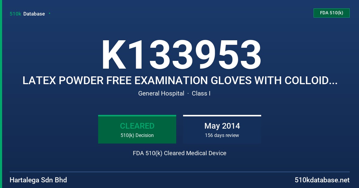 K133953 LATEX POWDER FREE EXAMINATION GLOVES WITH COLLOIDAL OATMEAL USP SKIN PROTECTANT DRUG WITH PROTEIN LABELING CLAIM OF 50 M FDA 510(k) Cleared Medical Device