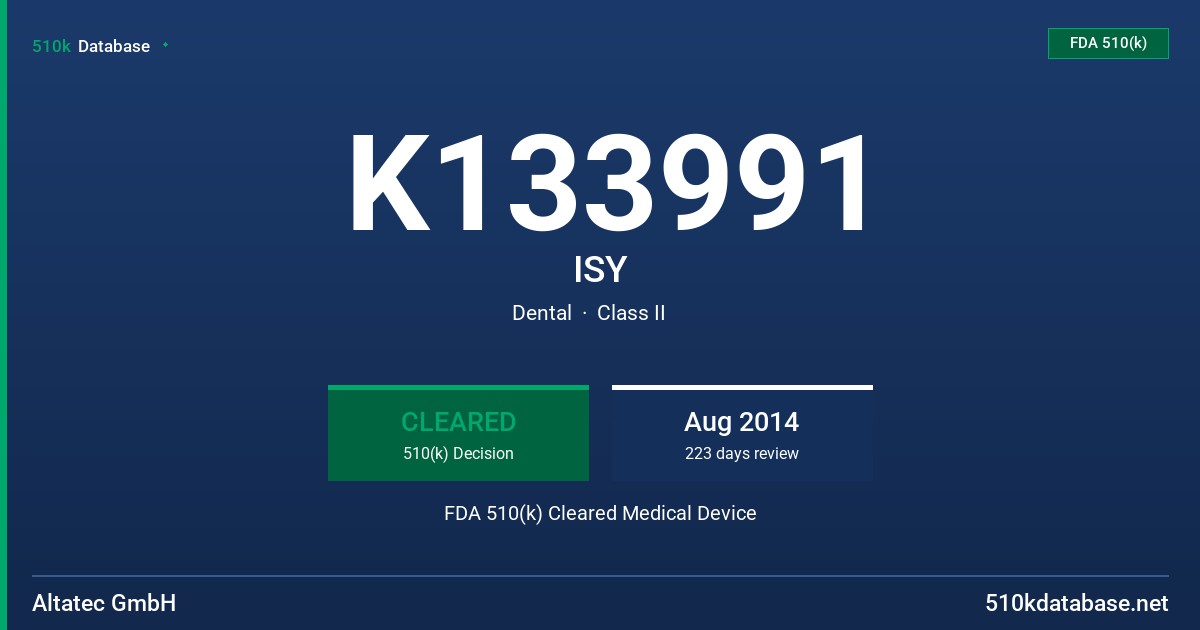 K133991 ISY FDA 510(k) Cleared Medical Device