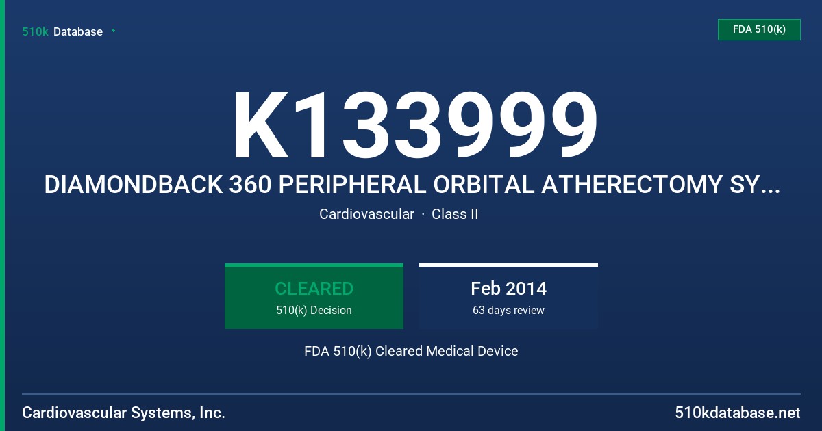 K133999 DIAMONDBACK 360 PERIPHERAL ORBITAL ATHERECTOMY SYSTEM FDA 510(k) Cleared Medical Device