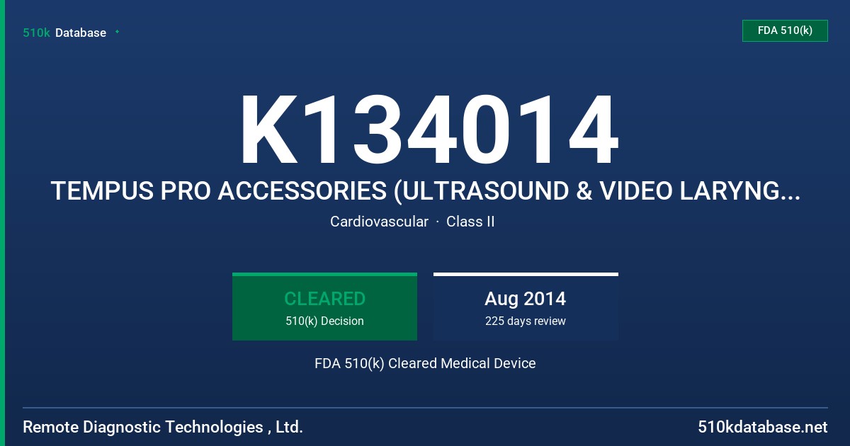 K134014 TEMPUS PRO ACCESSORIES (ULTRASOUND & VIDEO LARYNGOSCOPE PROBE) FDA 510(k) Cleared Medical Device