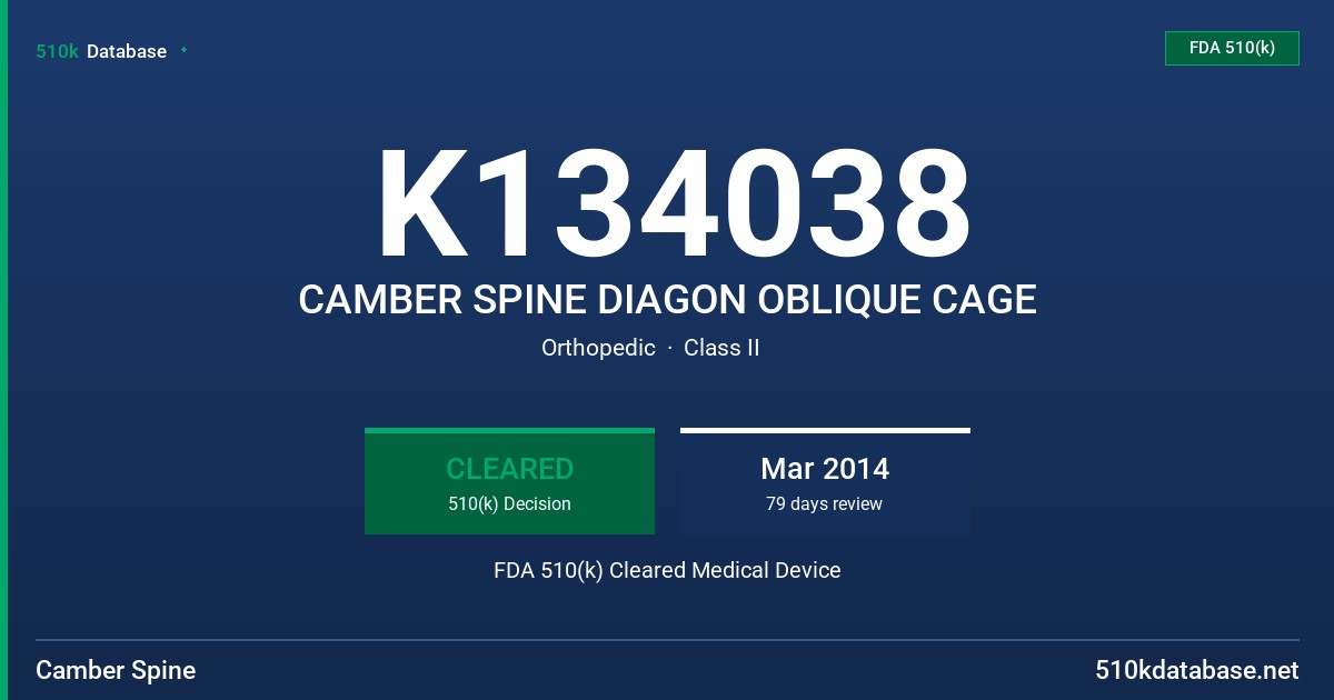 K134038 CAMBER SPINE DIAGON OBLIQUE CAGE FDA 510(k) Cleared Medical Device