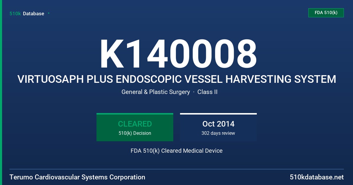 K140008 VIRTUOSAPH PLUS ENDOSCOPIC VESSEL HARVESTING SYSTEM FDA 510(k) Cleared Medical Device