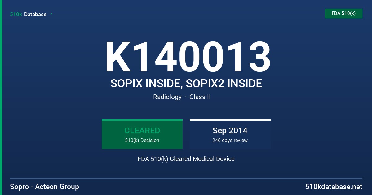 K140013 SOPIX INSIDE, SOPIX2 INSIDE FDA 510(k) Cleared Medical Device