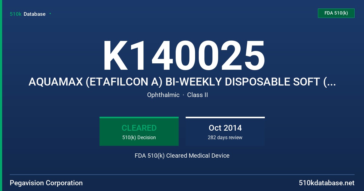 K140025 AQUAMAX (ETAFILCON A) BI-WEEKLY DISPOSABLE SOFT (HYDROPHILIC) CONTACT LENSES FDA 510(k) Cleared Medical Device