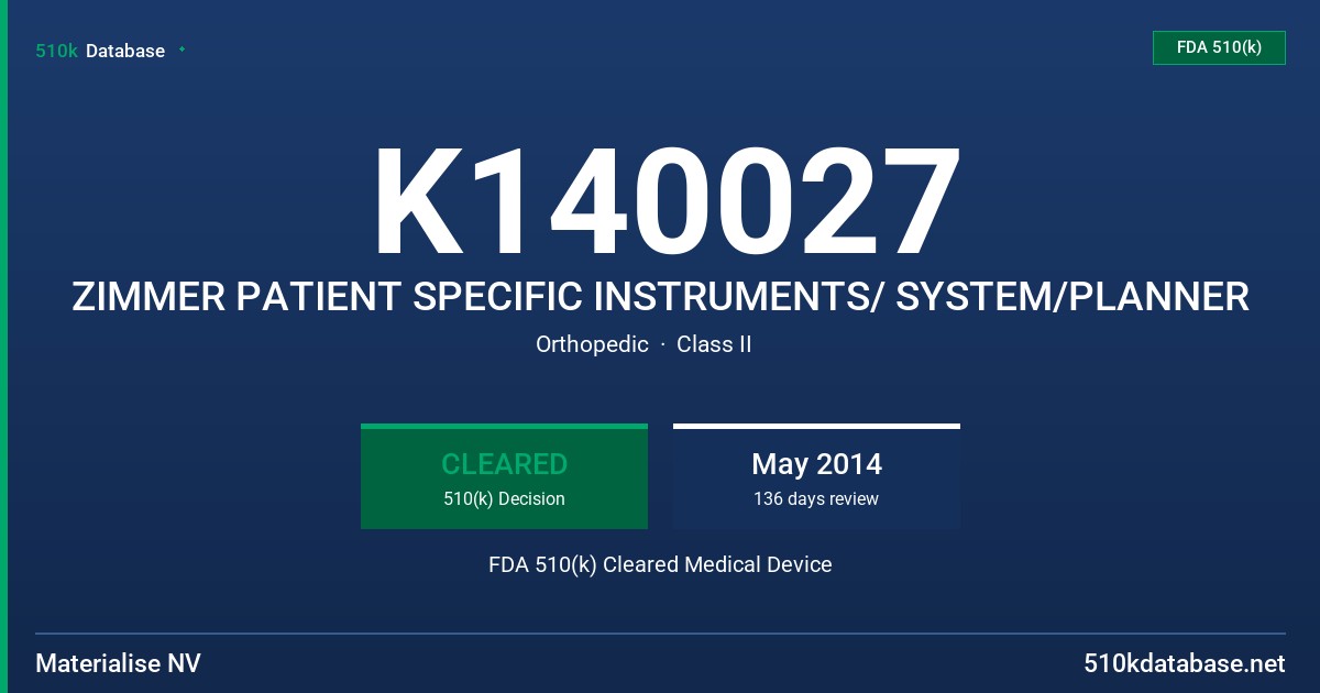K140027 ZIMMER PATIENT SPECIFIC INSTRUMENTS/ SYSTEM/PLANNER FDA 510(k) Cleared Medical Device