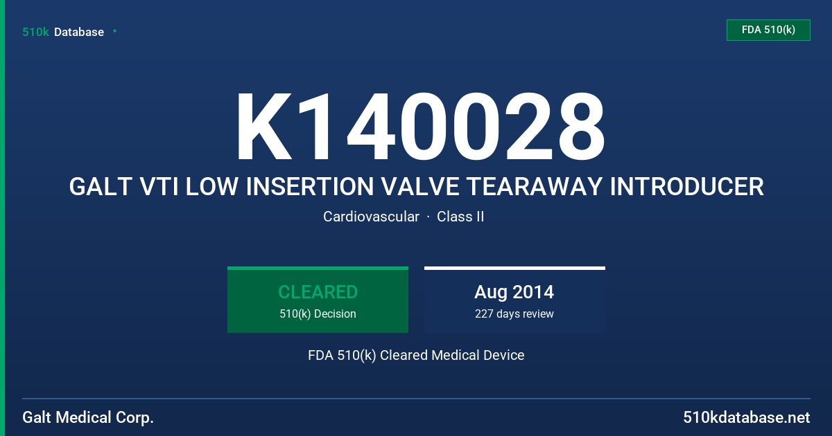 K140028 GALT VTI LOW INSERTION VALVE TEARAWAY INTRODUCER FDA 510(k) Cleared Medical Device