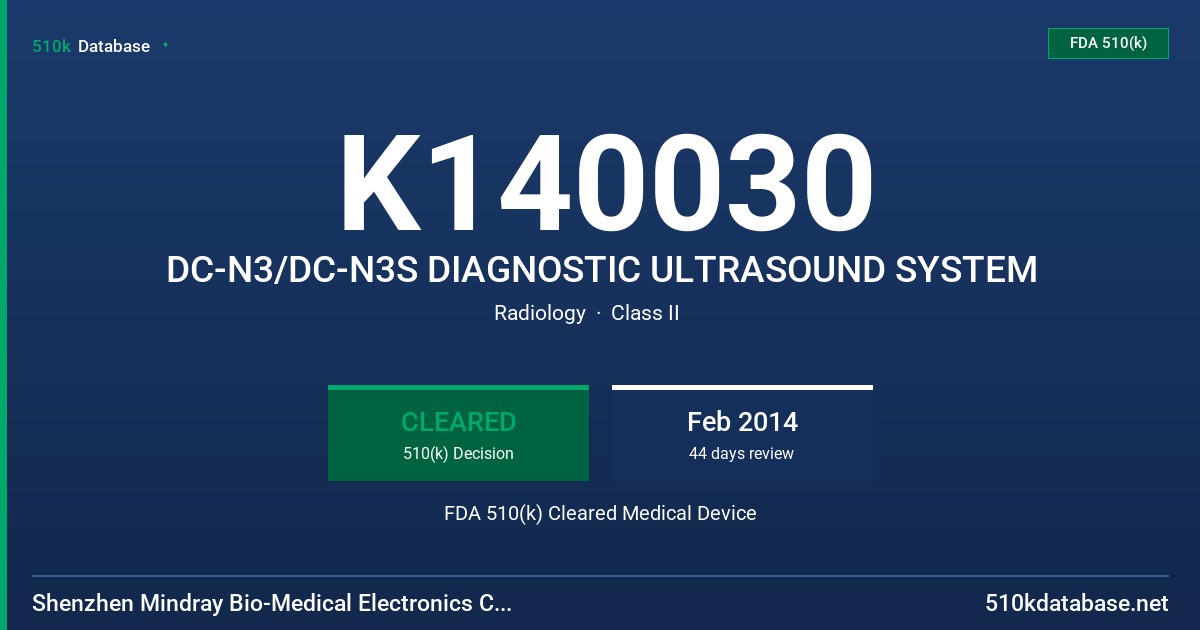 K140030 DC-N3/DC-N3S DIAGNOSTIC ULTRASOUND SYSTEM FDA 510(k) Cleared Medical Device