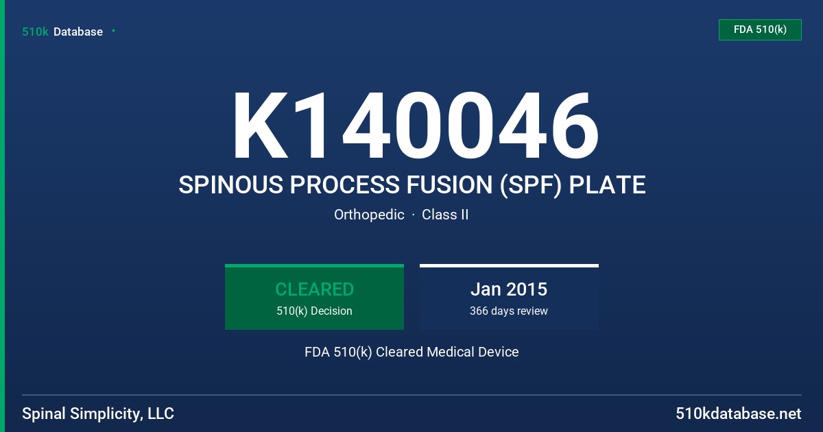 K140046 SPINOUS PROCESS FUSION (SPF) PLATE FDA 510(k) Cleared Medical Device