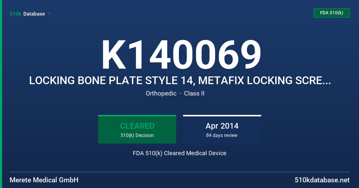 K140069 LOCKING BONE PLATE STYLE 14, METAFIX LOCKING SCREW 3.8, MERETE CANNULATED PCS 3.0 FDA 510(k) Cleared Medical Device
