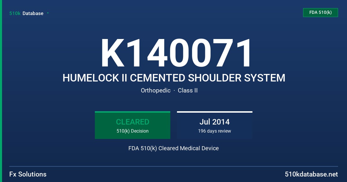 K140071 HUMELOCK II CEMENTED SHOULDER SYSTEM FDA 510(k) Cleared Medical Device