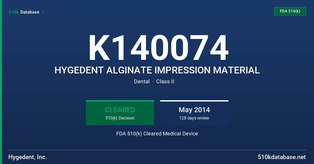 K140074 HYGEDENT ALGINATE IMPRESSION MATERIAL FDA 510(k) Cleared Medical Device