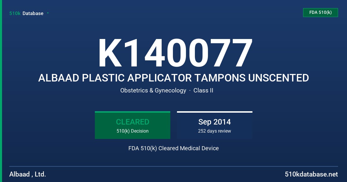 K140077 ALBAAD PLASTIC APPLICATOR TAMPONS UNSCENTED FDA 510(k) Cleared Medical Device