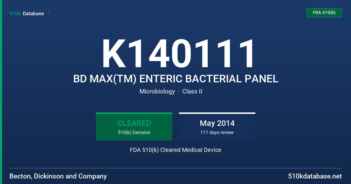 K140111 BD MAX(TM) ENTERIC BACTERIAL PANEL FDA 510(k) Cleared Medical Device