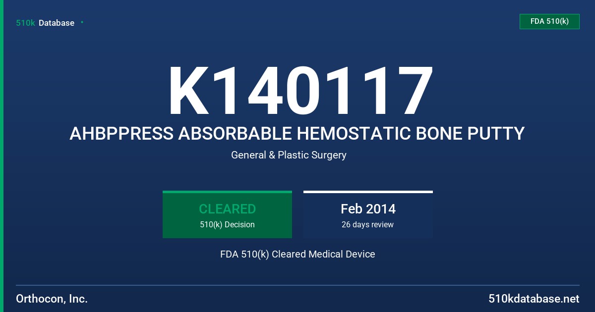 K140117 AHBPPRESS ABSORBABLE HEMOSTATIC BONE PUTTY FDA 510(k) Cleared Medical Device