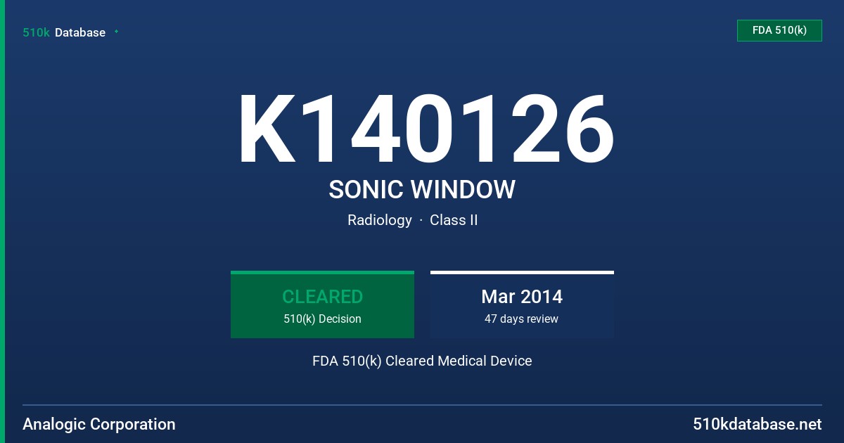 K140126 SONIC WINDOW FDA 510(k) Cleared Medical Device