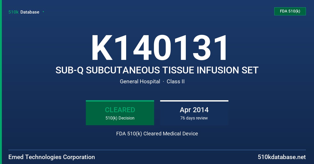 K140131 SUB-Q SUBCUTANEOUS TISSUE INFUSION SET FDA 510(k) Cleared Medical Device