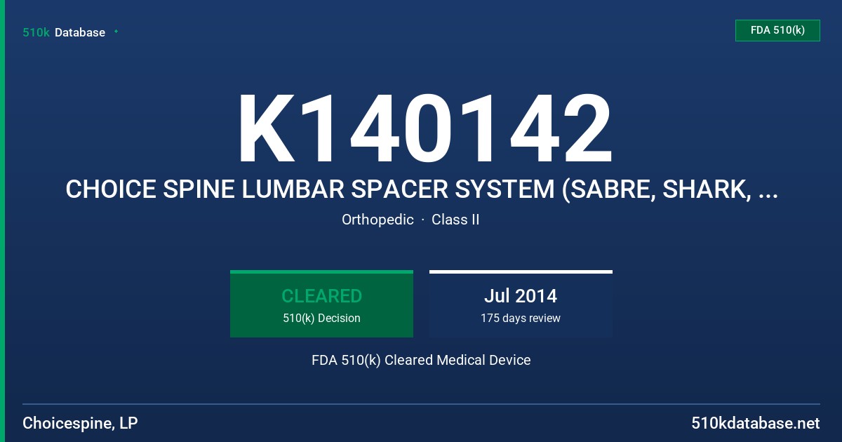 K140142 CHOICE SPINE LUMBAR SPACER SYSTEM (SABRE, SHARK, HORNET, HARPOON) FDA 510(k) Cleared Medical Device