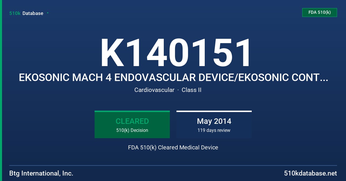 K140151 EKOSONIC MACH 4 ENDOVASCULAR DEVICE/EKOSONIC CONTROL UNIT FDA 510(k) Cleared Medical Device