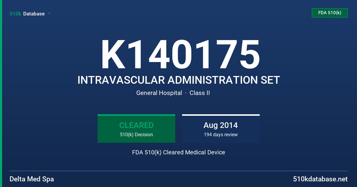 K140175 INTRAVASCULAR ADMINISTRATION SET FDA 510(k) Cleared Medical Device