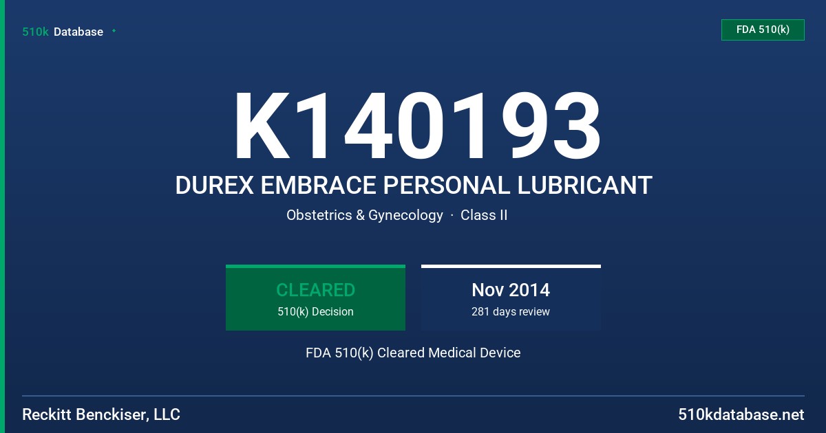 K140193 DUREX EMBRACE PERSONAL LUBRICANT FDA 510(k) Cleared Medical Device