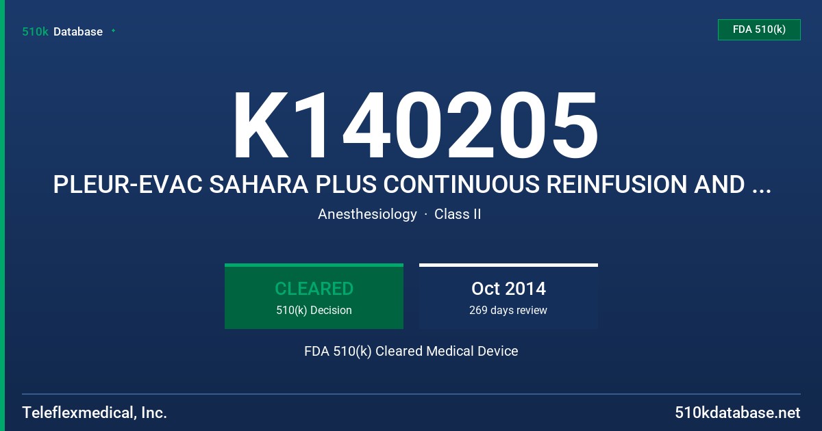 K140205 PLEUR-EVAC SAHARA PLUS CONTINUOUS REINFUSION AND AUTOTRANSFUSION SYSTEM FDA 510(k) Cleared Medical Device